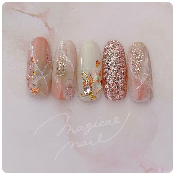 大理石ネイル♡優しい色 ニュアンス ピンクベージュシェル ラメ 春 夏  