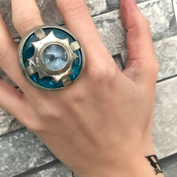 Star Crossed Ring [1点限定デザイン] ブルー ガラス ピューター リング サイズ#13 5枚目の画像