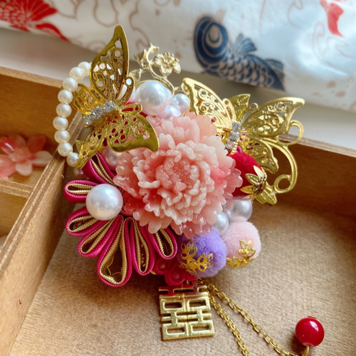 牡丹蝶囍キャラクター手作りヘアブライダルヘッドドレス着物ヘア