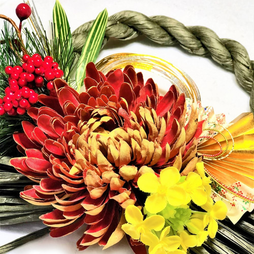 しめ縄飾り 丸七五三縄 花注連縄 薄墨 大倫菊に金扇 菜の花 松飾り 麦
