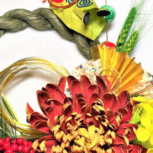 しめ縄飾り 丸七五三縄 花注連縄 薄墨 大倫菊に金扇 菜の花 松飾り 麦