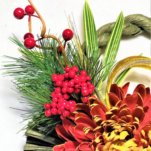 しめ縄飾り 丸七五三縄 花注連縄 薄墨 大倫菊に金扇 菜の花 松飾り 麦