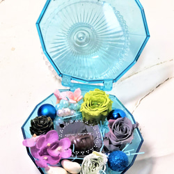 プリザーブドフラワー と チョコレート キャンドル のダイヤモンドボックス バレンタインデー フラワーボックス ブルーA 1枚目の画像
