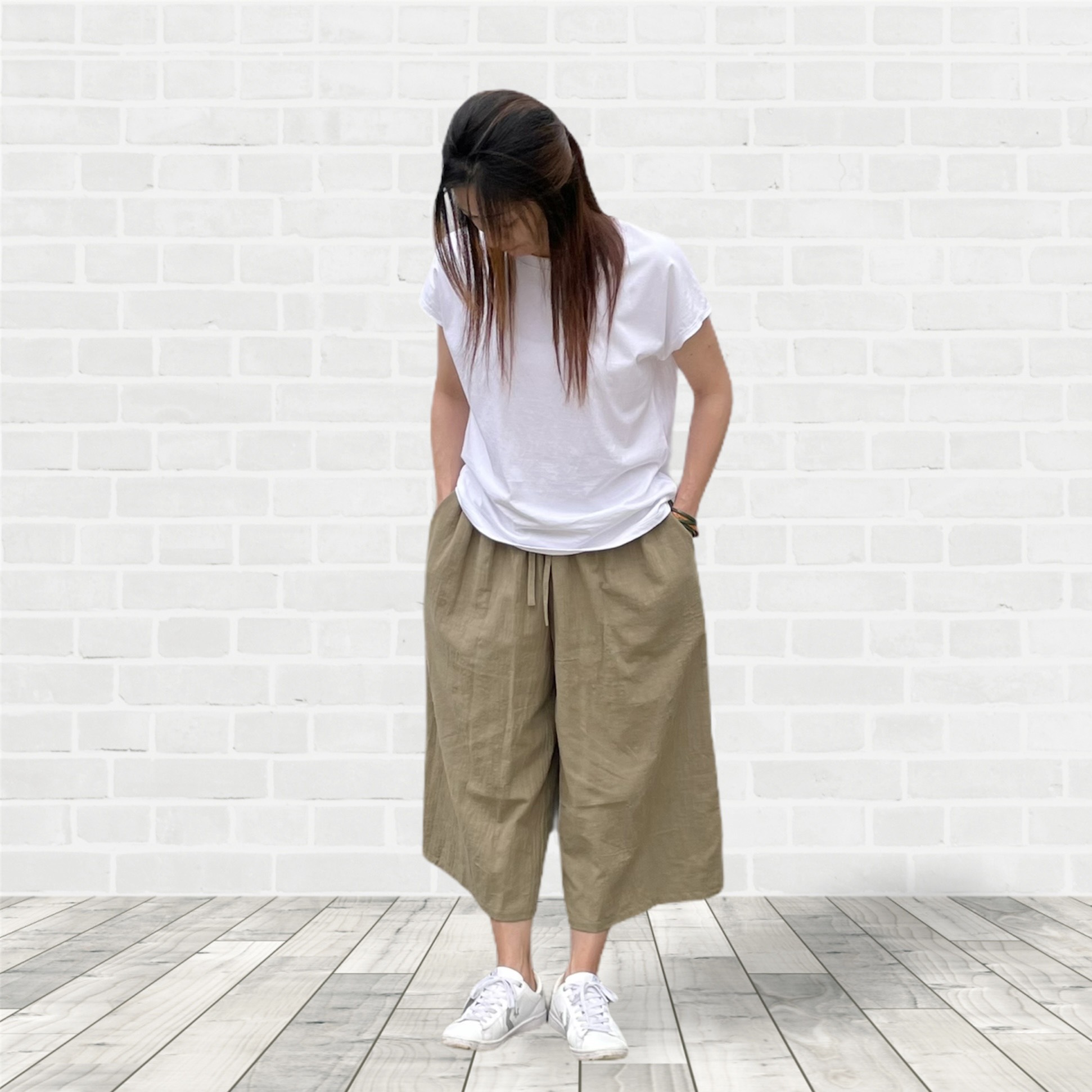 【送料無料】軽やかワイドパンツ / 綿スラブ / カーキグリーン