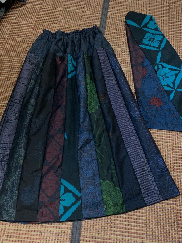 手作り 大島 裏付きパッチワークスカート ロングスカート（マキシ丈  