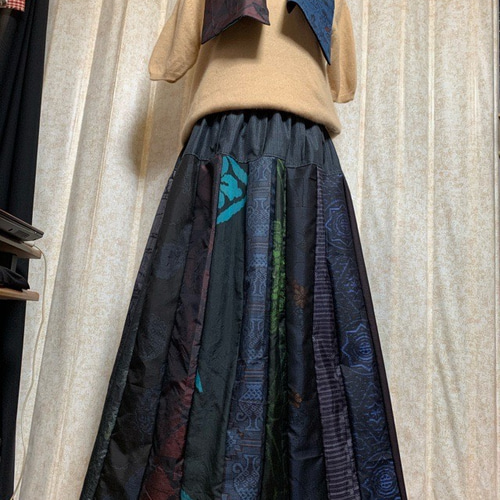 手作り 大島 裏付きパッチワークスカート ロングスカート（マキシ丈  