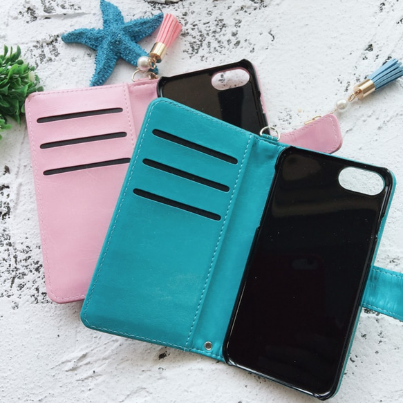 智能手機保護殼筆記本型 iPhone SE2/iPhone13mini/12mini/8 飾釘粉色藍色（有流蘇） 第2張的照片
