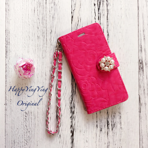 iPhone6 iphone6S 花模様Pink手帳チェーン付き 真珠 1枚目の画像
