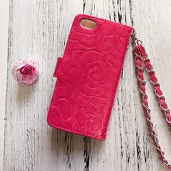 iPhone6 iphone6S 花模様Pink手帳チェーン付き 真珠 3枚目の画像