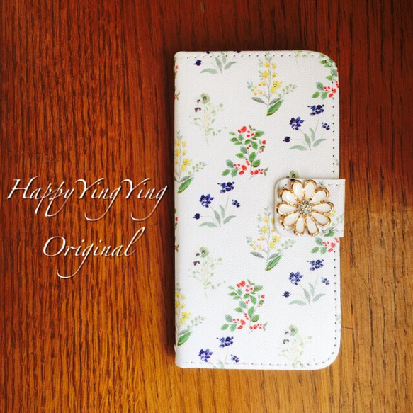 【XperiaZ3】白ケース花柄（穴2）手帳型★菊花ビジュー 1枚目の画像