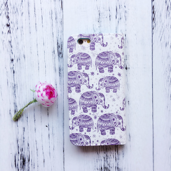 スマホケース【iPhone5C】専用 紫 象柄 手帳型 スマホカバー 2枚目の画像