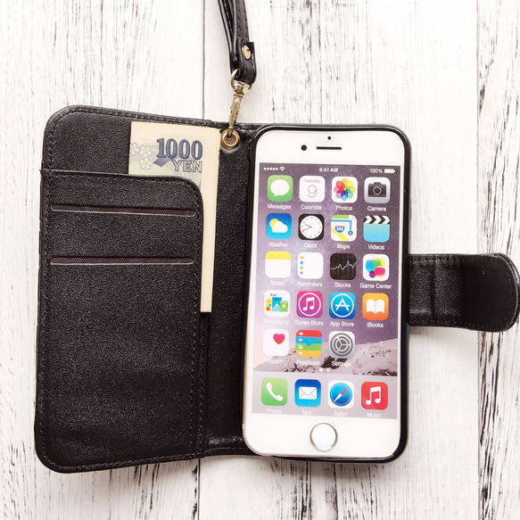 iphone 7 iphone 8 case山茶花圖案黑色筆記本型黑色錶帶包括在內 第2張的照片