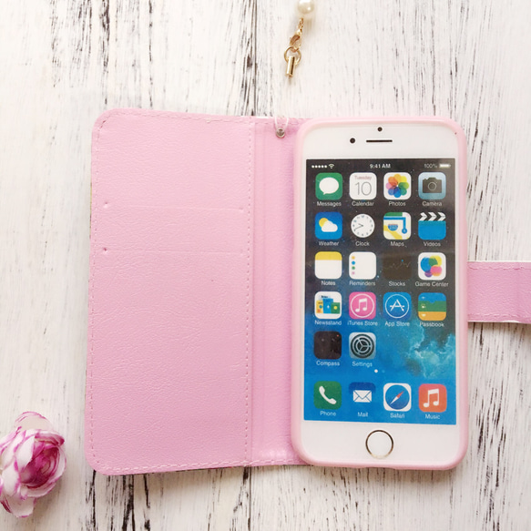 スマホケース iphone12mini ピンク フラミンゴ いっぱい【iphone6/7★タッセル付き】高級素材★真珠 4枚目の画像