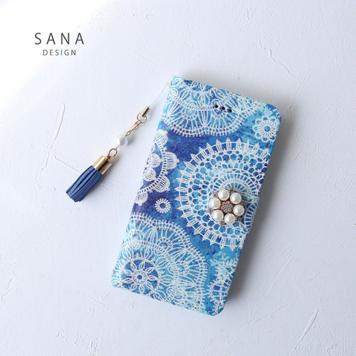 iphone17e 16e 15 全機種対応 galaxy xperia タッセル【レース柄青