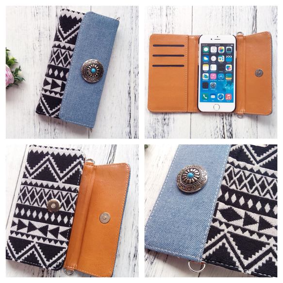 iphone15 Trifold Denim X Tribal 附鏈條 14Pro/SE3/Plus/Xperia 筆電型★綠松 第2張的照片