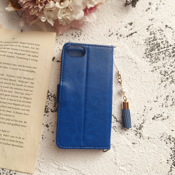 スマホケース★iPhone15 藍色xリバティ 14Pro/Max/SE3 手帳型タッセル付き Xperia 2枚目の画像
