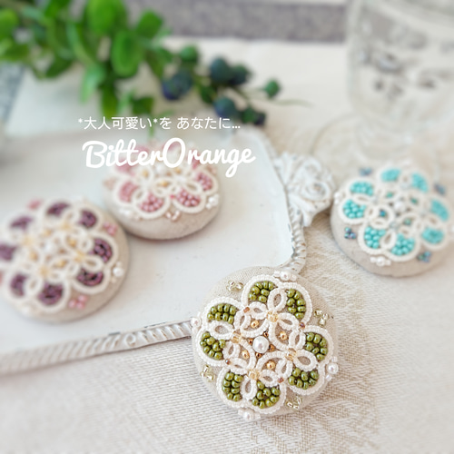 フラワーボタンビーズ刺繍ヘアゴム ＊