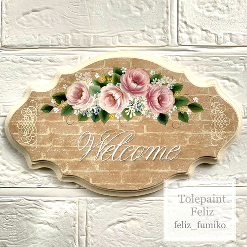ピンクローズのwelcomeボード＊トールペイント＊薔薇＊新築祝い＊送料