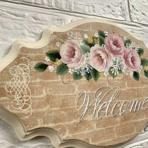 ピンクローズのwelcomeボード＊トールペイント＊薔薇＊新築祝い＊送料