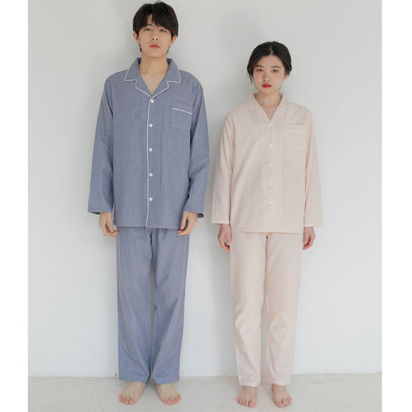 『コットンルームウエア』長袖　上下セット　カップルパジャマ　お揃い　2色　rw009　女性 1枚目の画像