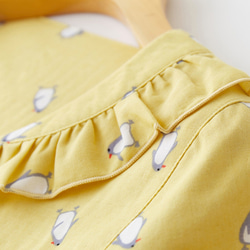 『コットンルームウエア』パジャマ　Tシャツ＋ショートパンツ　可愛い襟半袖　ギャザー　ペンギンプリント　イエローrw015 6枚目の画像