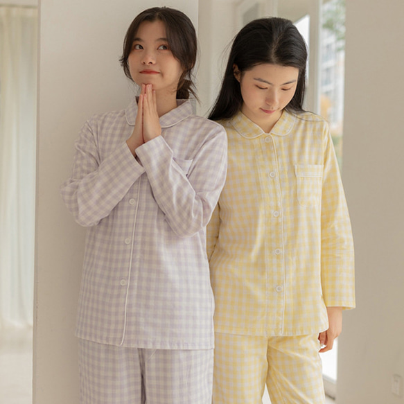 『コットンルームウエア』パジャマ 長袖　上下セット　カップルパジャマ　お揃い　チェック柄　4色　rw022女性 2枚目の画像