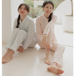 『コットンルームウエア』パジャマ 長袖　上下セット　カップルパジャマ　お揃い　チェック柄　4色　rw022女性 3枚目の画像