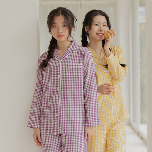 コットンルームウエア』パジャマ 上下セット 長袖 チェック柄4色 丸襟