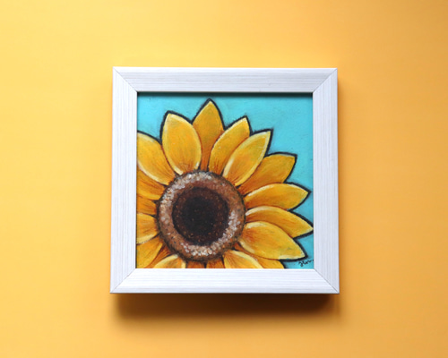 アクリル画 花 ヒマワリ 夏 青 黄色 テクスチャーアート 原画 一点もの