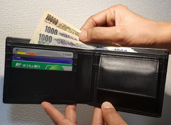 牛革二つ折り財布コインポケットとカードポケット付き(黒) 8枚目の画像