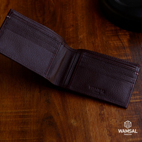 牛革二つ折り財布 (ウォレット) 6枚のカードポケットあずき色 Cow Leather Bifold Wallet 2枚目の画像