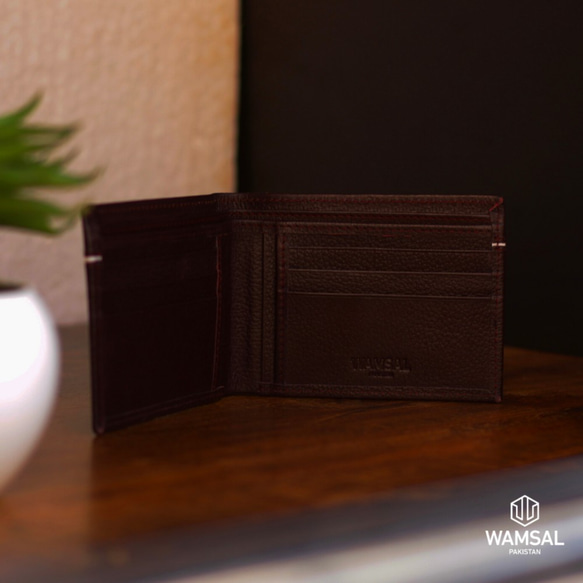 牛革二つ折り財布 (ウォレット) 6枚のカードポケットあずき色 Cow Leather Bifold Wallet 4枚目の画像