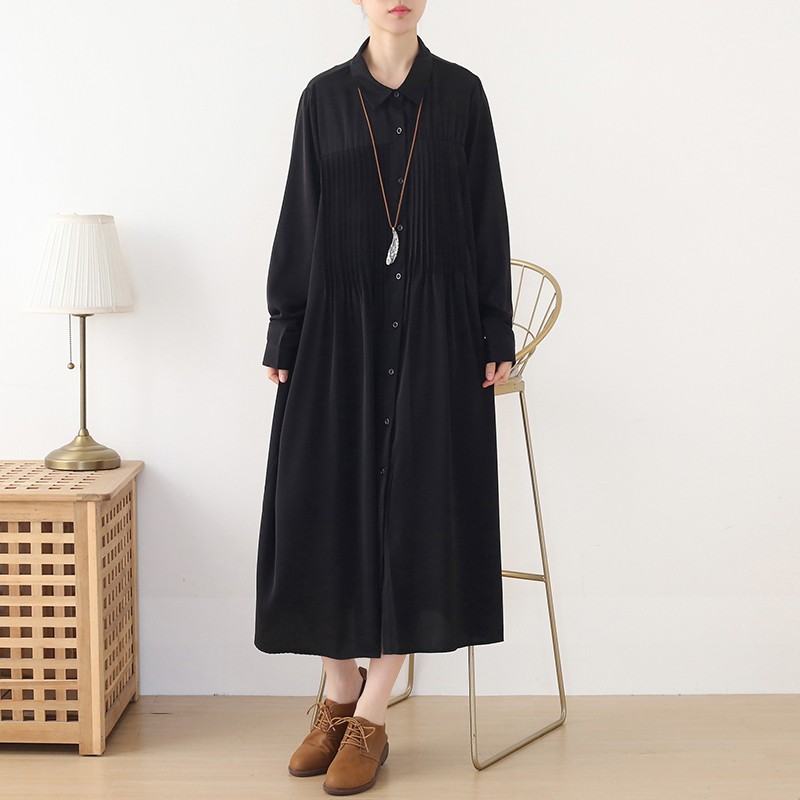 軽やかゆったりピンタックワンピース 前開きロングワンピース ブラック