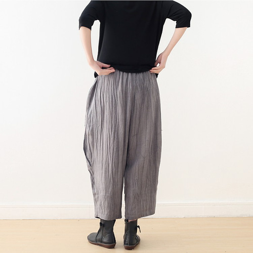 風合い抜群のリネンサルエルパンツ しわ加工 グレー ロング