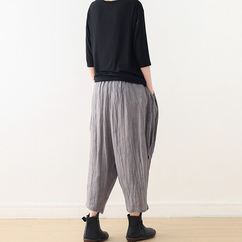 風合い抜群のリネンサルエルパンツ しわ加工 グレー ロング