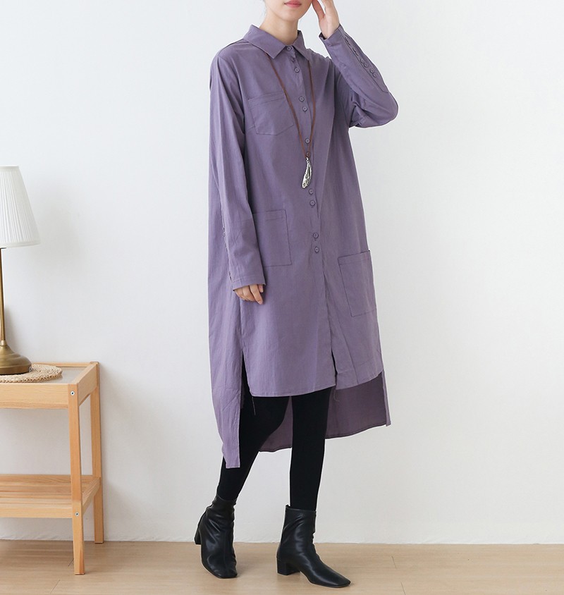 【即納】前後差裾ラインが個性的なリネンシャツワンピース グレーパープル