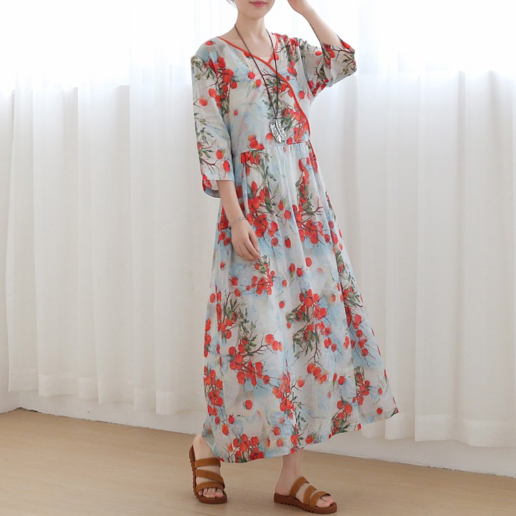 ウエストリボンがワンポイント フルーツ柄ラミーリネンワンピース