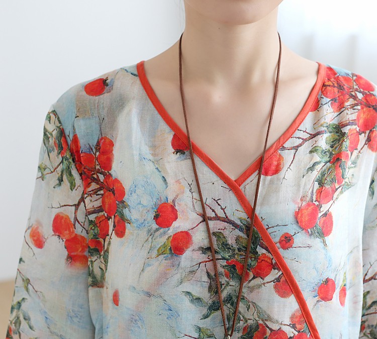 ウエストリボンがワンポイント フルーツ柄ラミーリネンワンピース