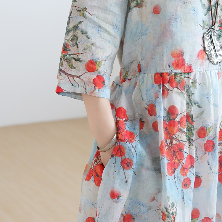 ウエストリボンがワンポイント フルーツ柄ラミーリネンワンピース