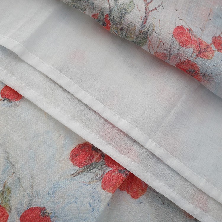 ウエストリボンがワンポイント フルーツ柄ラミーリネンワンピース