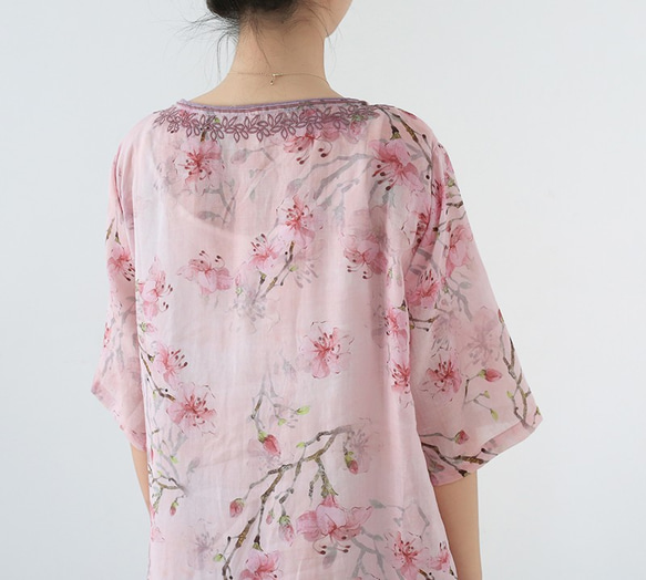■刺繍を入れたピンクのリネンワンピース 美しい花柄ラミーリネン 6枚目の画像