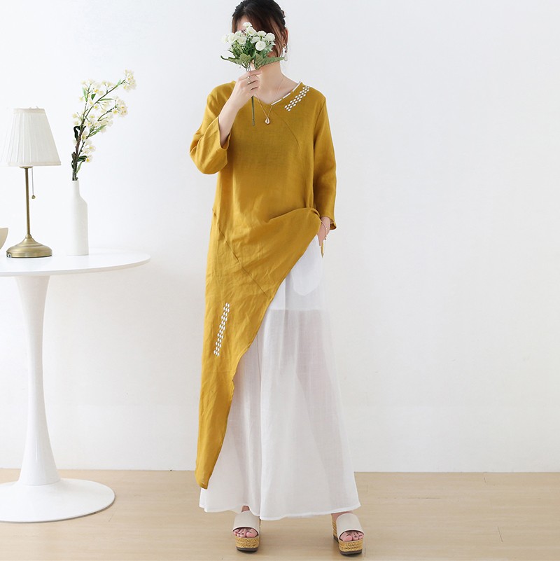 一味違うオリジナル刺繍♪リネン素材で涼しいアシンメトリーシャツ マスタード