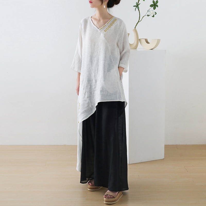 一味違うオリジナル刺繍♪リネン素材で涼しいアシンメトリーシャツ ホワイト 8,316円