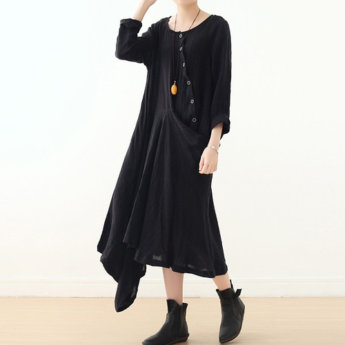シワ加工リネンのアシンメトリーパターンワンピース ベージュ