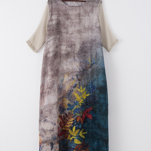 □個性的なボタニカル柄のリネンワンピース we-137 ワンピース