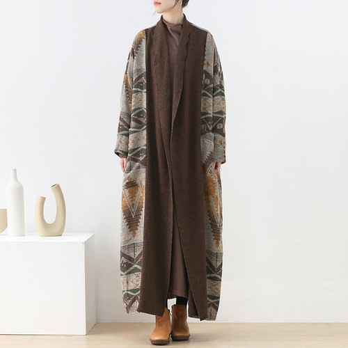 エスニック風ロングコートリバーシブル 再販なし1点のみ☆シルエットが綺麗なウールエスニックロングコート