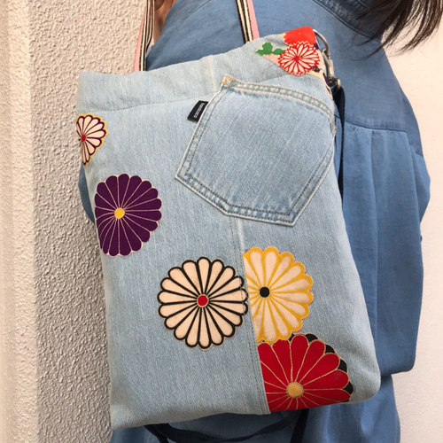 ✨デニム＆着物リメイク サコッシュ ショルダーバッグ ハンドバッグ 和