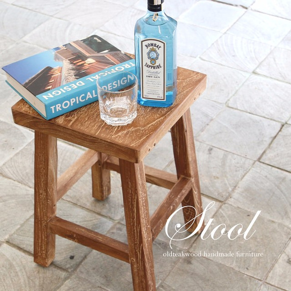 オールドチークを使用したスクエアスツール ミニテーブル 無垢材 チェア 椅子 腰掛 Ｆ０３ 2枚目の画像