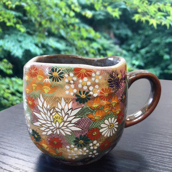 九谷焼 雪山作 金彩色絵 花生 花器