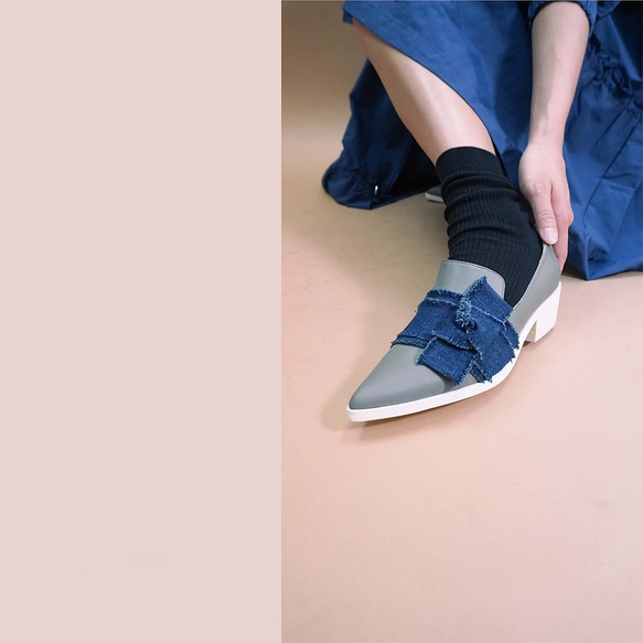 {香港デザインブランド} [手作りのカスタマイズ]デニムとレザーのネクタイノットポイントトゥ紳士靴 2枚目の画像